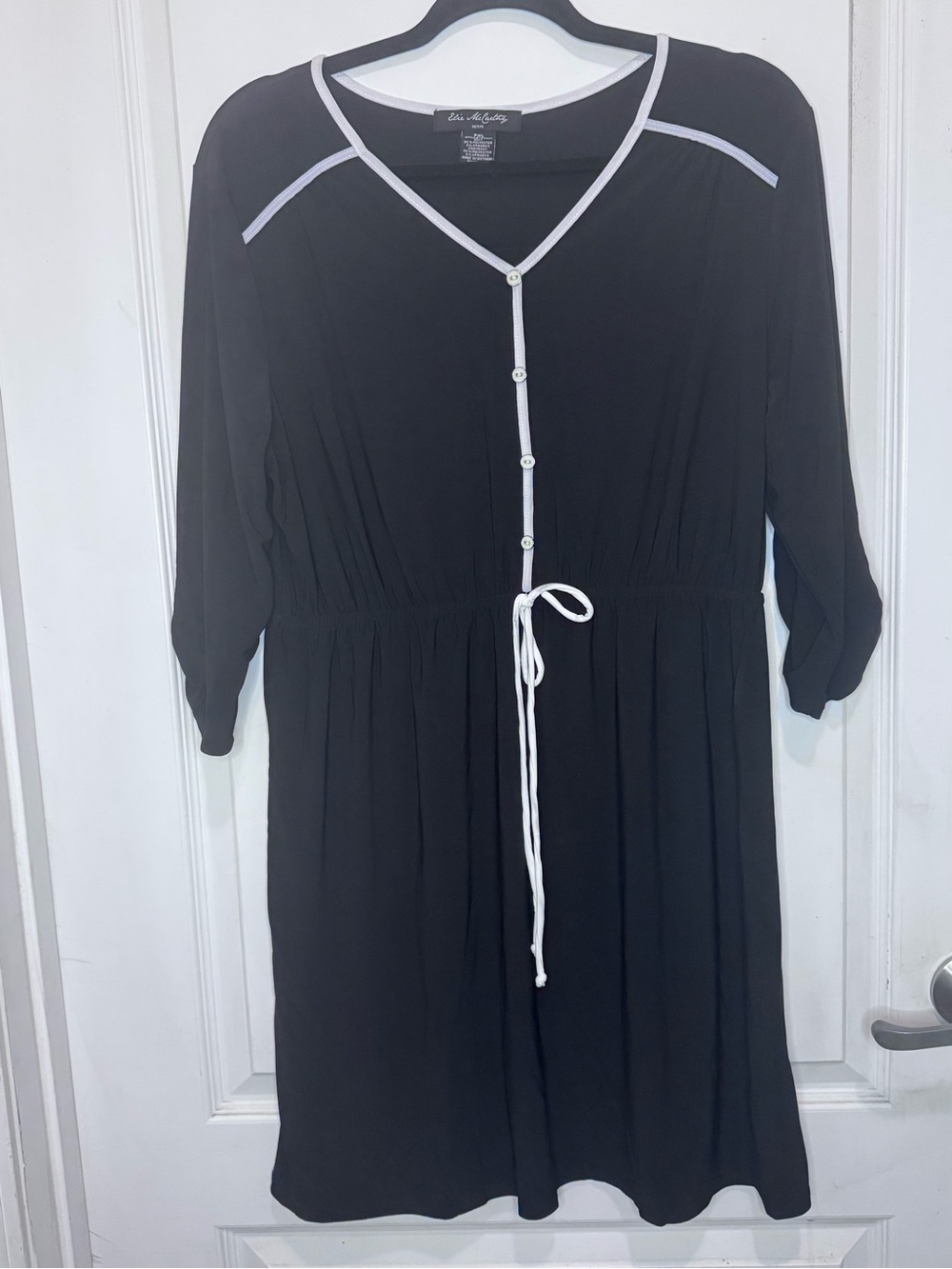 Black V-Neck Midi Dress with White Trim and Drawstring